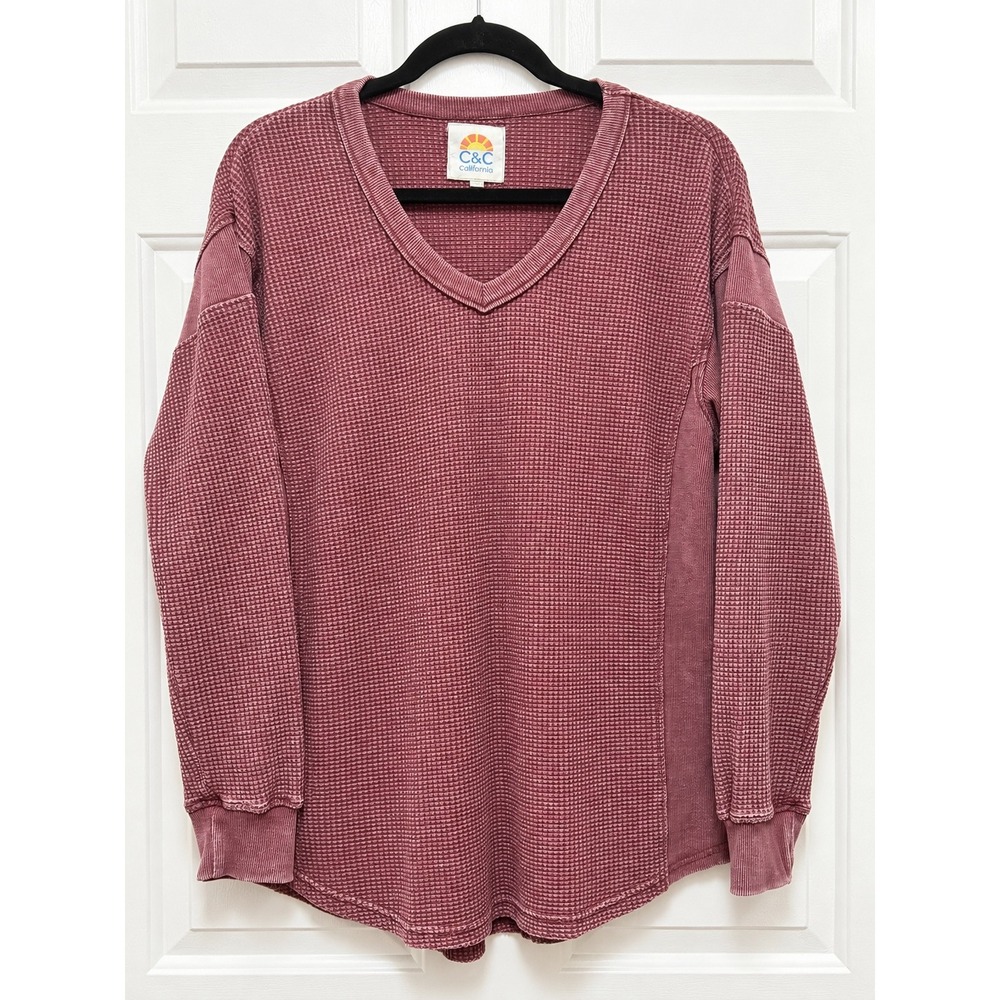 C&C California Womens Waffle Knit V-Neck Thermal Top Burgundy Red Medium